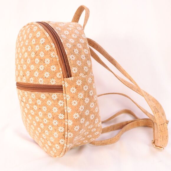 Corkcho Cork Fabric Backpack Purse Adjustable Straps Bag Tan w/ Daisys - Picture 2 of 10